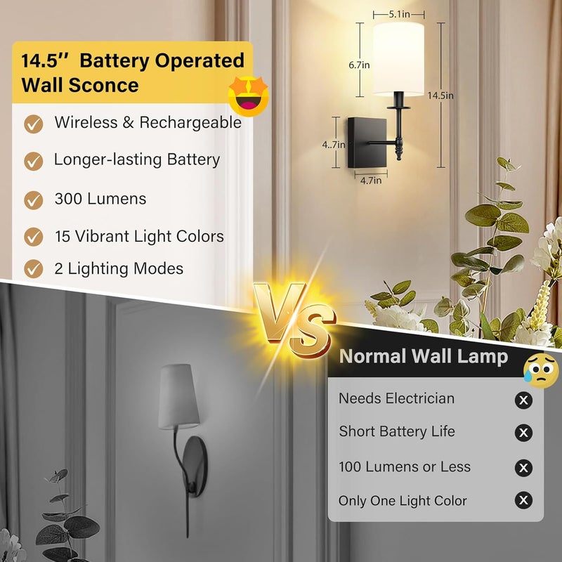 Bosceos 14.5 Inch Black Battery Operated Wall Sconces Set of 2, Rechargeable Wireless Wall Lights with Remote & White Fabric Shade, Indoor Not Hardwired Dimmable Wall Lamps for Bedroom, 2 Bulbs Included - Image 3